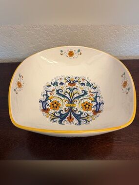 Deruta Ceramiche Serving Pasta Bowl Square Scroll & Floral Art Pottery Italy